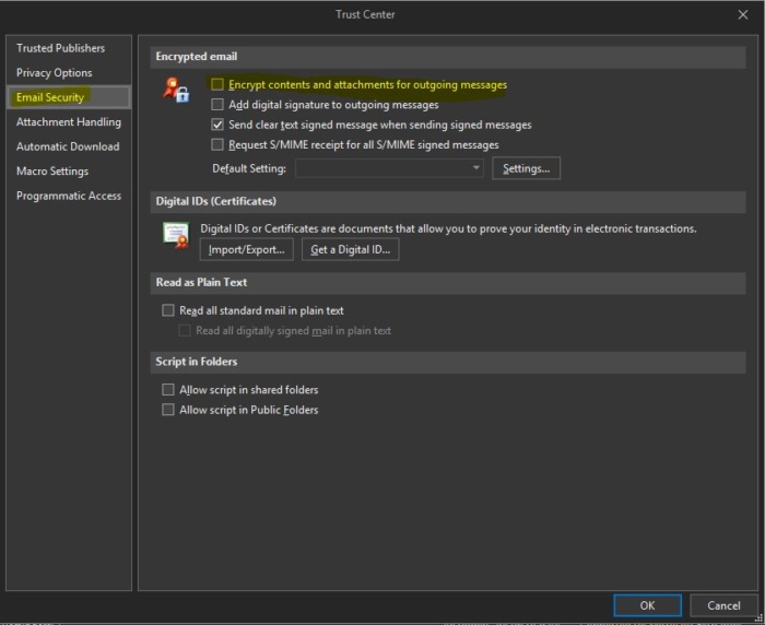 send securely encryption button outlook