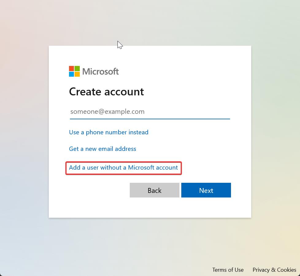 Add user without a Microsoft account