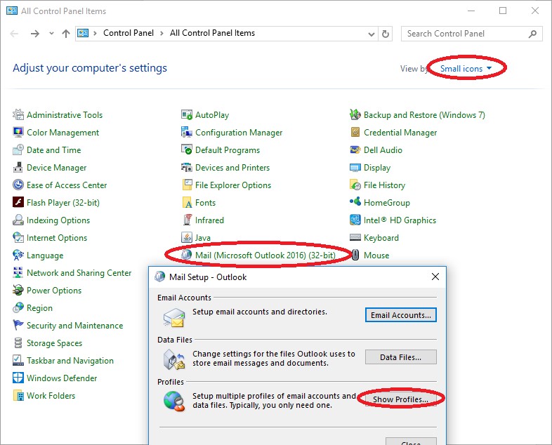 Opening the control panel- two profiles in outlook