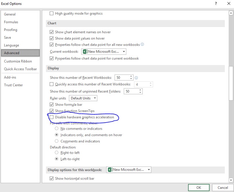 Disable hardware graphics acceleration hanging issue in excel 2016