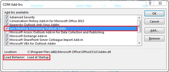 skype for business outlook plugin load at startup