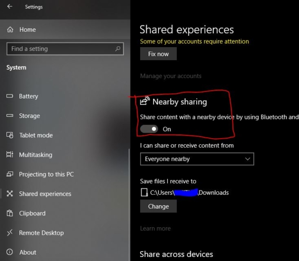 nearby sharing from windows settings