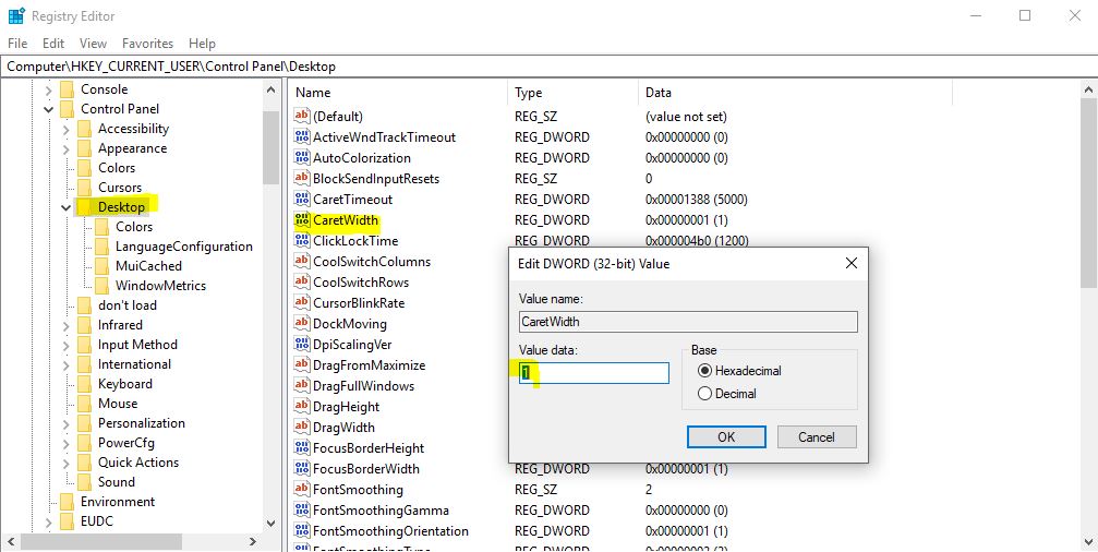 changing the cursor value using registry editor