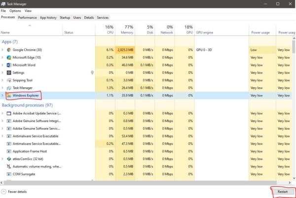 Restart Windows Explorer using task manager