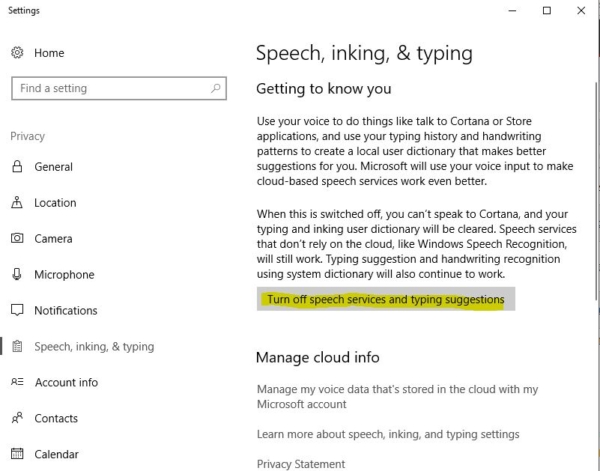 Personal Information from Cortana- turn off speech service