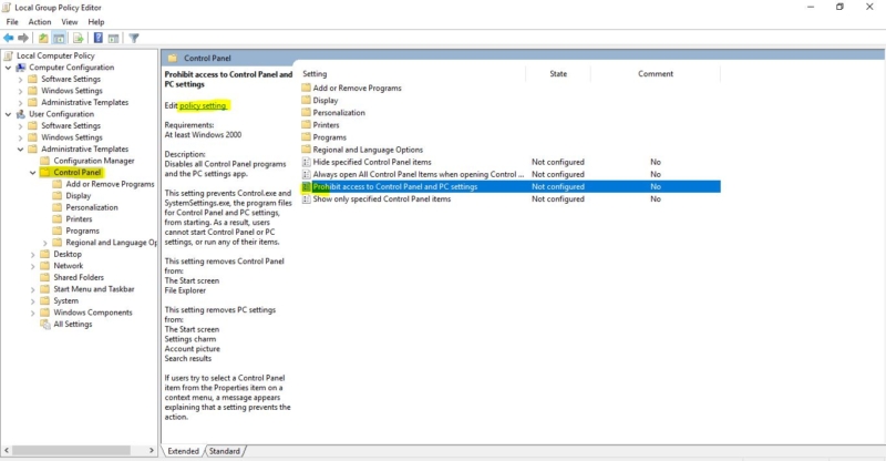 Disable Control Panel using group policy editor