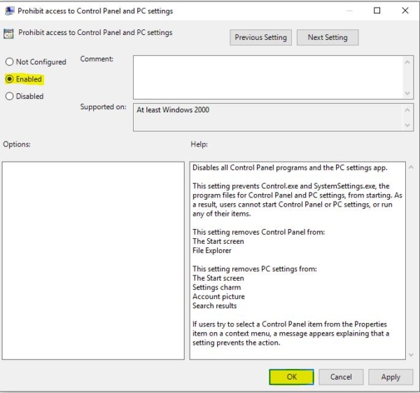 Disable Control Panel using group policy editor