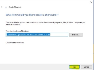 creating shortcut for shutdown command-Computer not shutting down completely