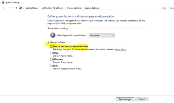 disable fast startup-Computer not shutting down completely