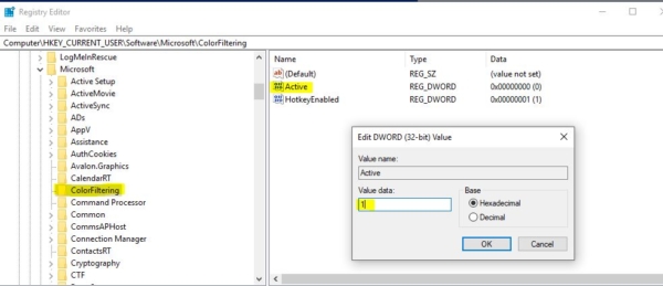 activating registry editor color filter option-Disable Gray scale mode