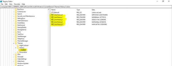 opening the color history in regedit-Recent Colors History