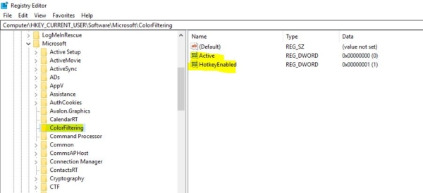 opening registry editor color filter option-Disable Gray scale mode