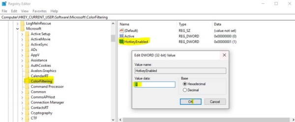 changing registry editor color filter option-Disable Gray scale mode