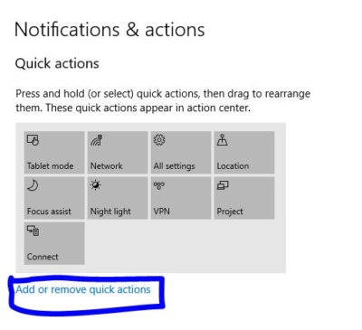 click on add or remove quick actions-Network Icon on Taskbar Missing