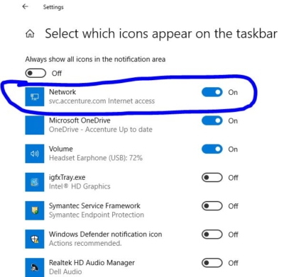 enabling the Toggle switch in the taskbar-Network Icon on Taskbar Missing