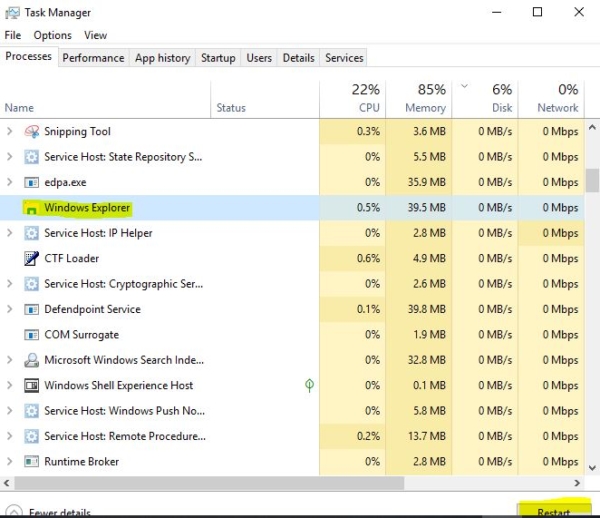 restarting windows explorer from taskmanager-Cortana Search not working