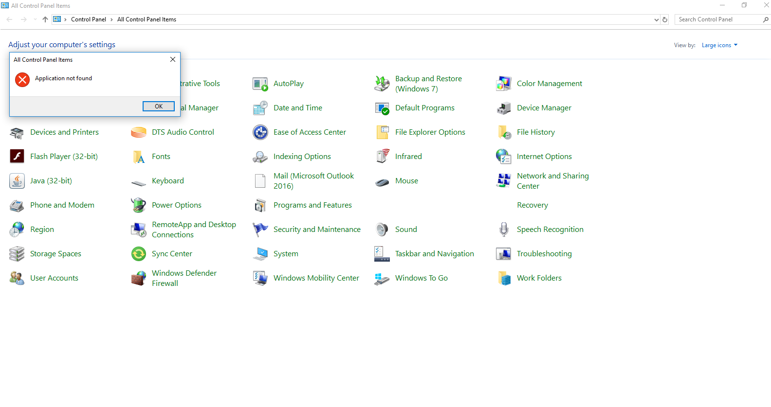 control panel mail application not found