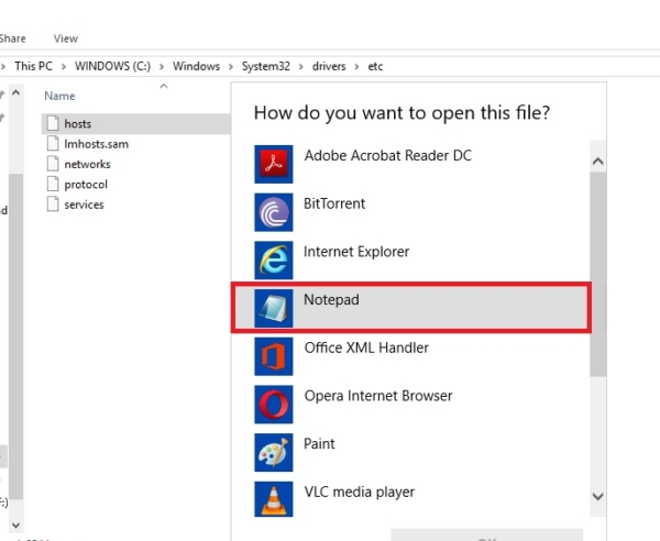 right click and choose notepad-Block any Website using Host file