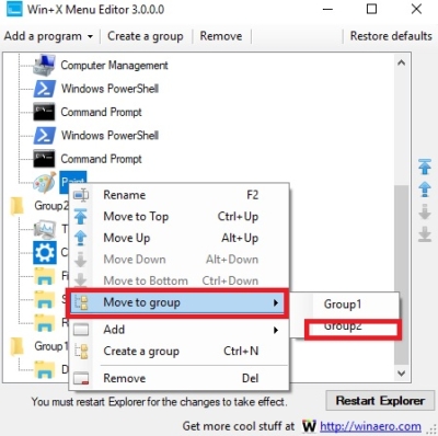 moving to the specified group-ADD Shortcuts to WIN+X Menu