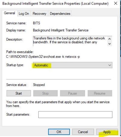 choosing the BITS to automatic-BITS Service will not start Error