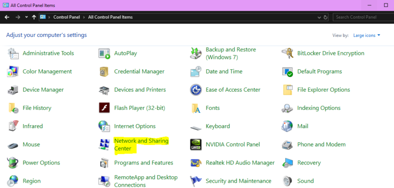 Opening Control panel-Assign Static IP Address