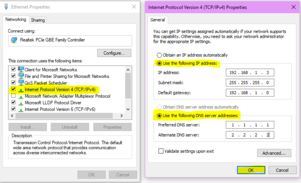 choosing ethernet properties and giving IP address-Assign Static IP Address