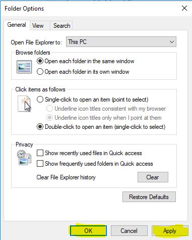 applying the options-Exclude File and Folder from Quick Access