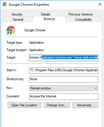 editing chrome shortcut-Enable Dark Mode in Chrome
