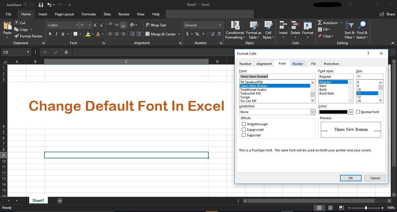 excel mac save default font size for workbook