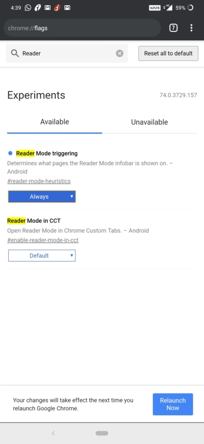 searching for reader flags in android-Enable Reader Mode in Chrome