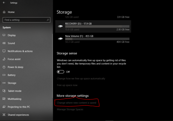 More storage setting-change default location for Documents