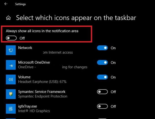 Select which icons appear on the taskbar