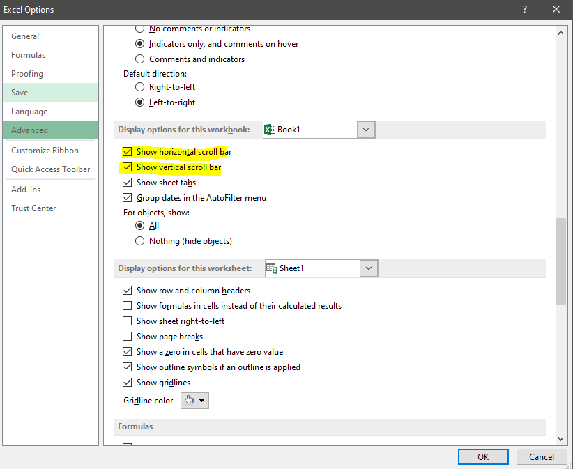 right scroll bar missing in excel