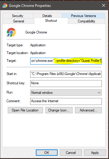 Chrome shortcut
