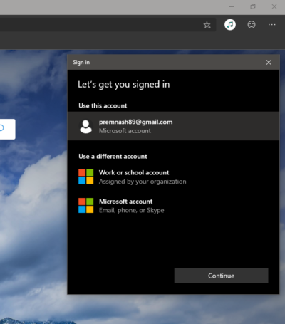 Signing in Microsoft Chromium Edge