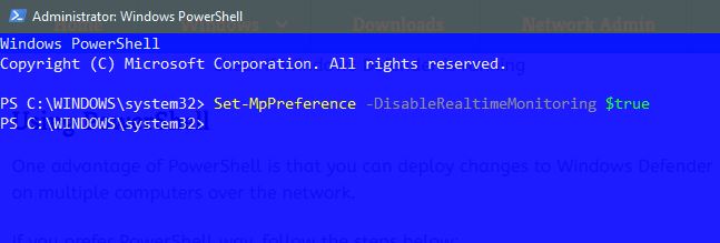 Disable Windows Defender using PowerShell