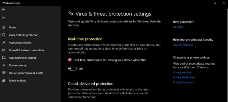 Turn off real time Protection Internet files Location