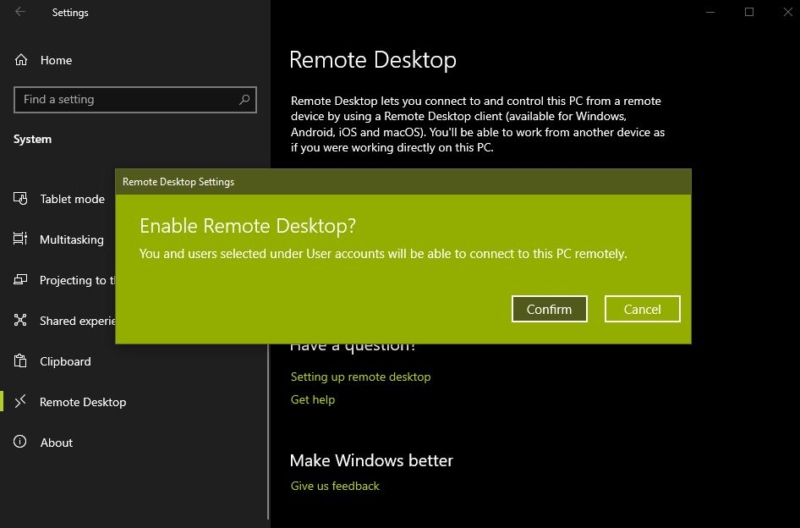 enable Remote Desktop Connection