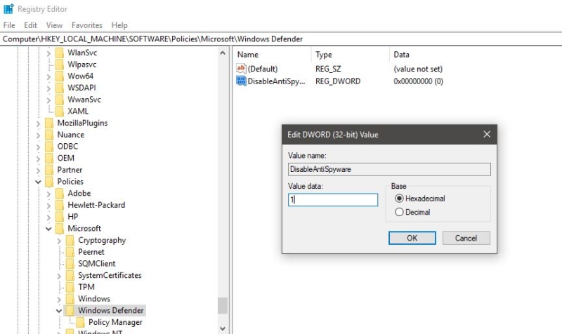 Disable Windows Defender using Registry Editor