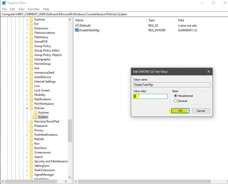 Disable Task Manager using registry Editor
