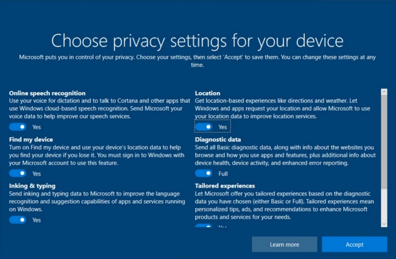 Out of Box Experience in Windows privacy settings