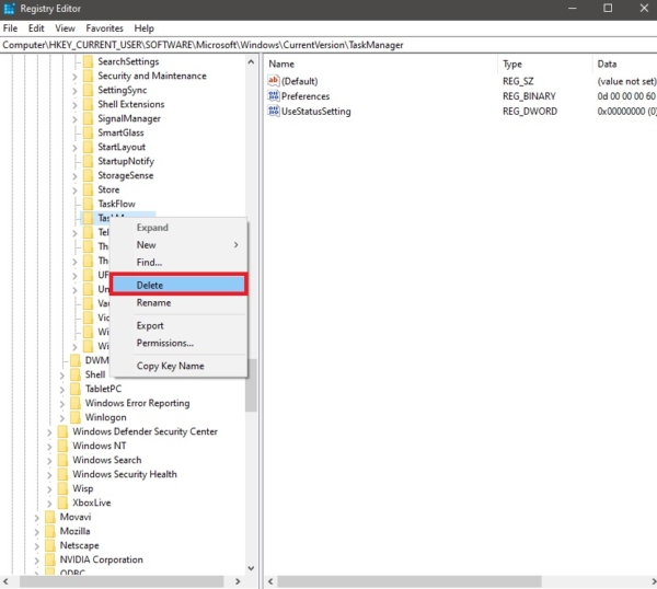 Reset Windows Task Manager using Registry Editor