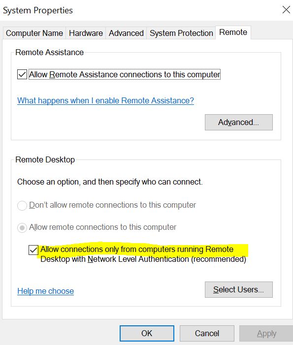 check the allow connection Remote Desktop Error Code 0x204