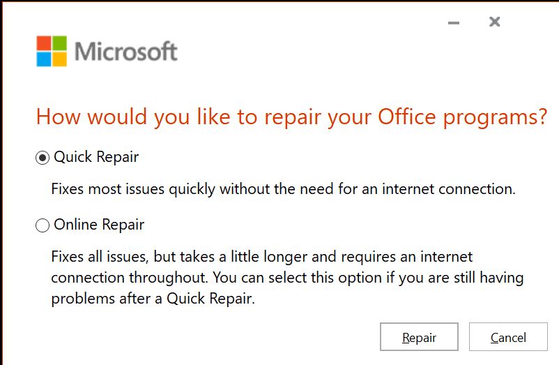 Repair office-Outlook Could not create error