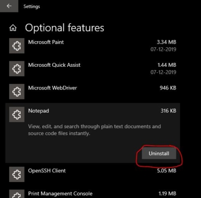 Uninstall Notepad on Windows 10 using settings