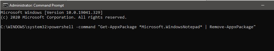 Uninstall Notepad on Windows 10 using command prompt