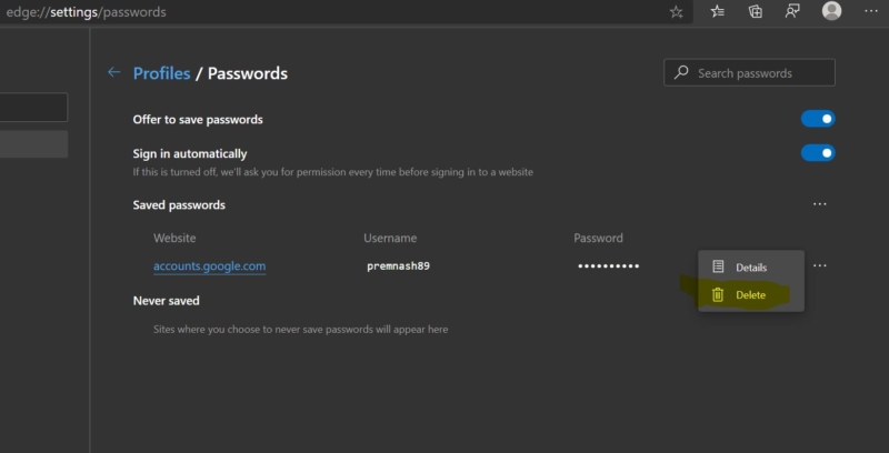 Delete Saved Passwords for Sites