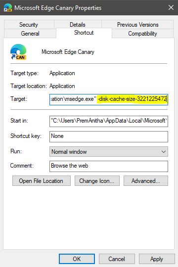 Change Microsoft Edge Cache Size