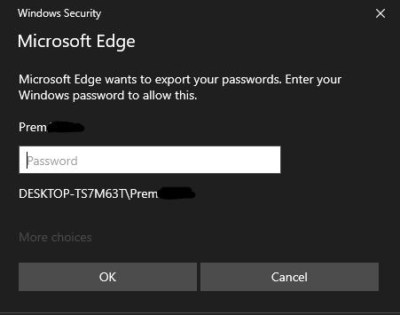 enter password to Export saved Passwords