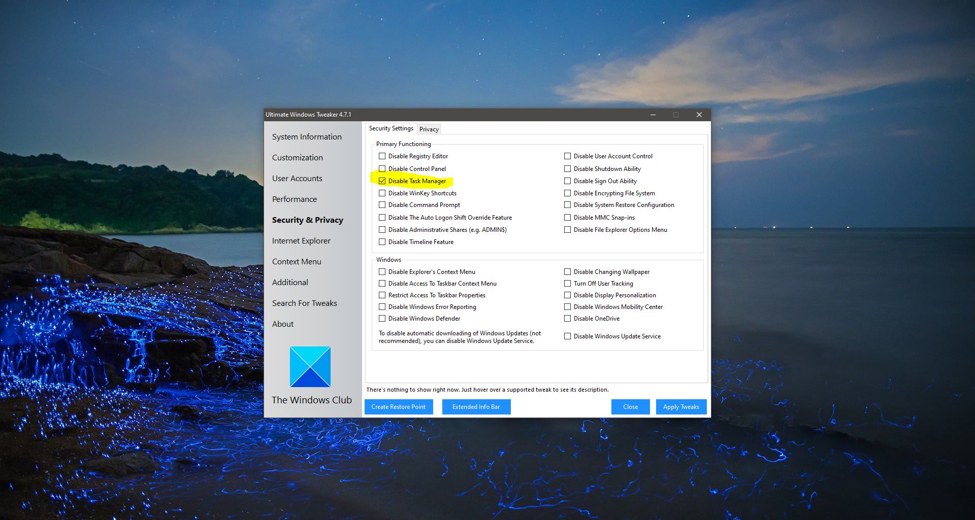 Disable Windows Task Manager Using Ultimate Windows Tweaker